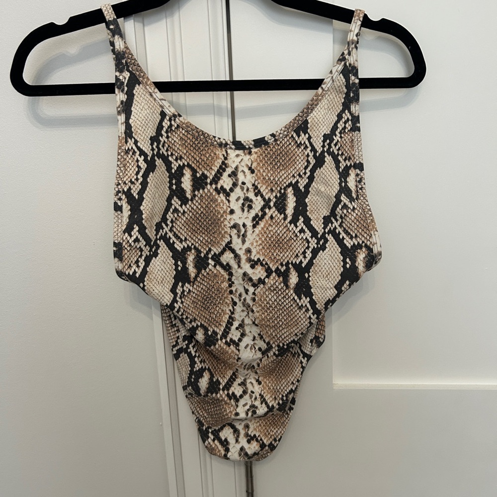 TNA Snake Print Scoop Neck Bodysuit - Beige, Brown, Black